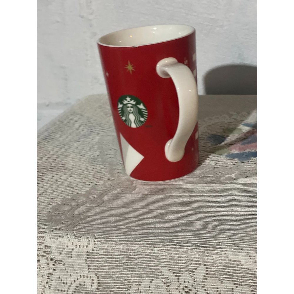 Starbucks Coffee Mug Cup Red Holiday Birds White Handle Christmas 2012